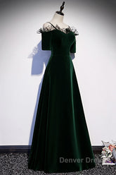 A-Line Green Velvet Spaghetti Straps Prom Dresses, Green Wedding Party Dresses
